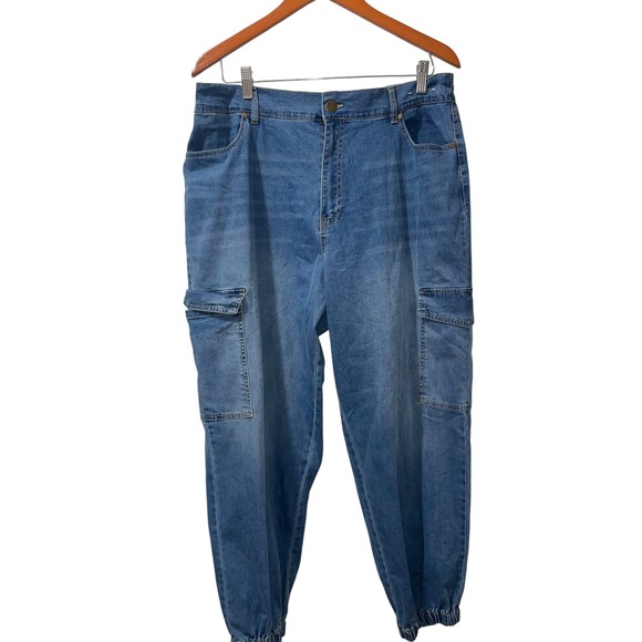 D Jeans Women's Cargo Joggers Denim Blue Size 16 Elastic Waist Casual Pants - Picture 1 of 6